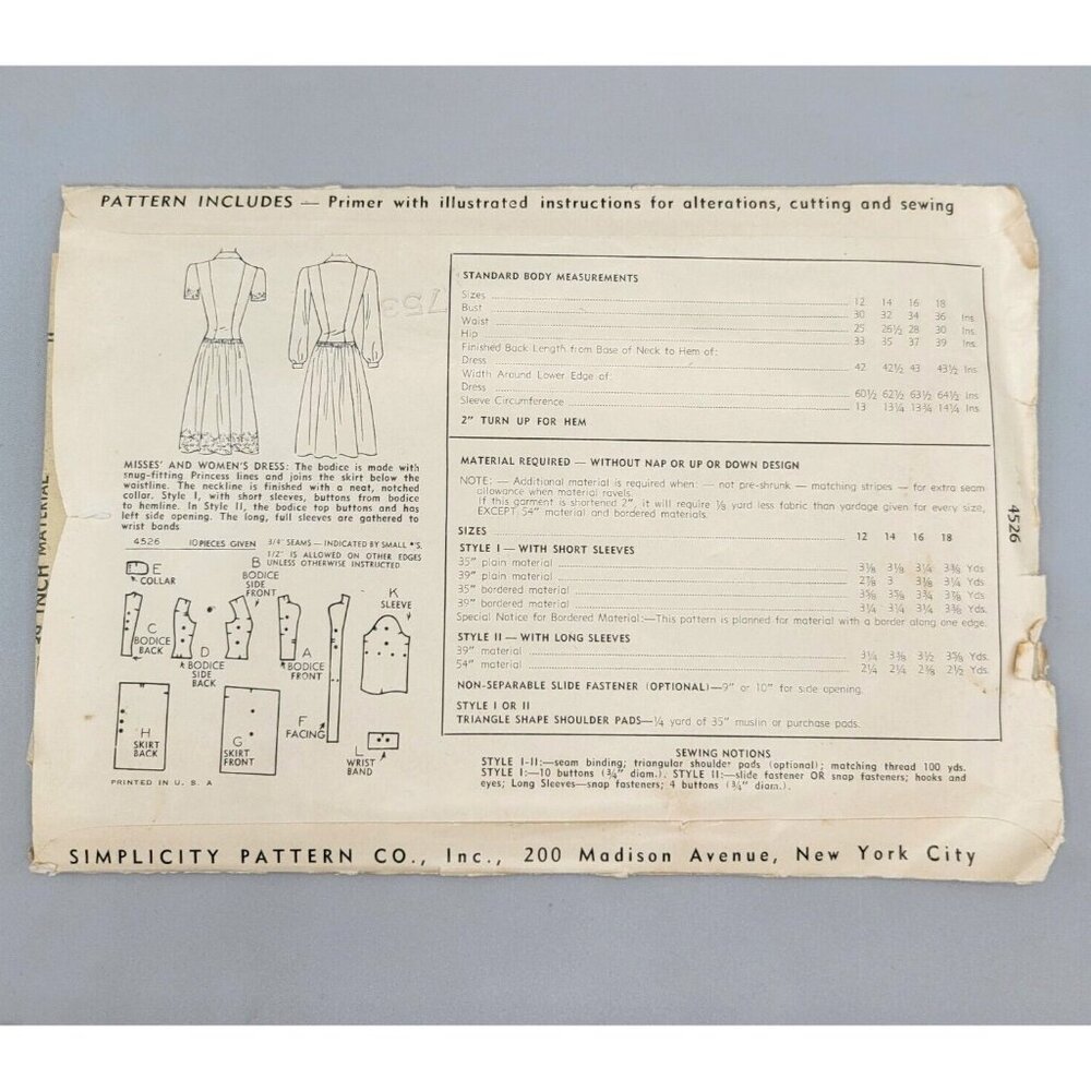 Simplicity 1943 Womens Dress Sewing Pattern Princess Line Buttons #4526 Size 14 - Picture 3 of 3
